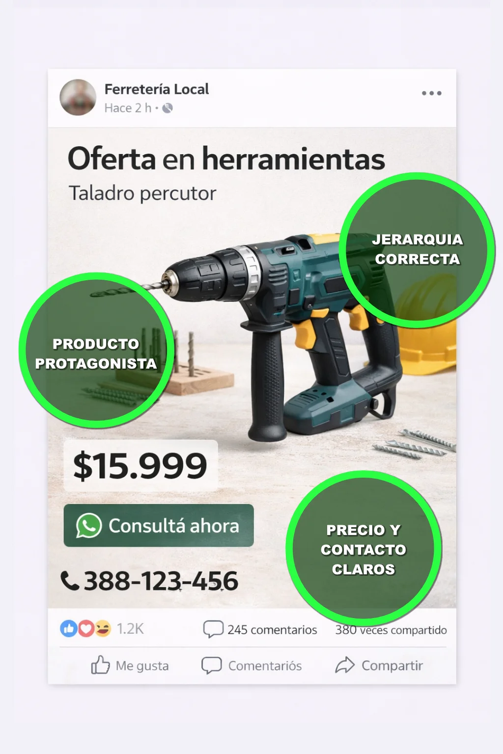 Ejemplo después de una publicación para ferreteria local con jerarquía clara, producto destacado y contacto fácil.