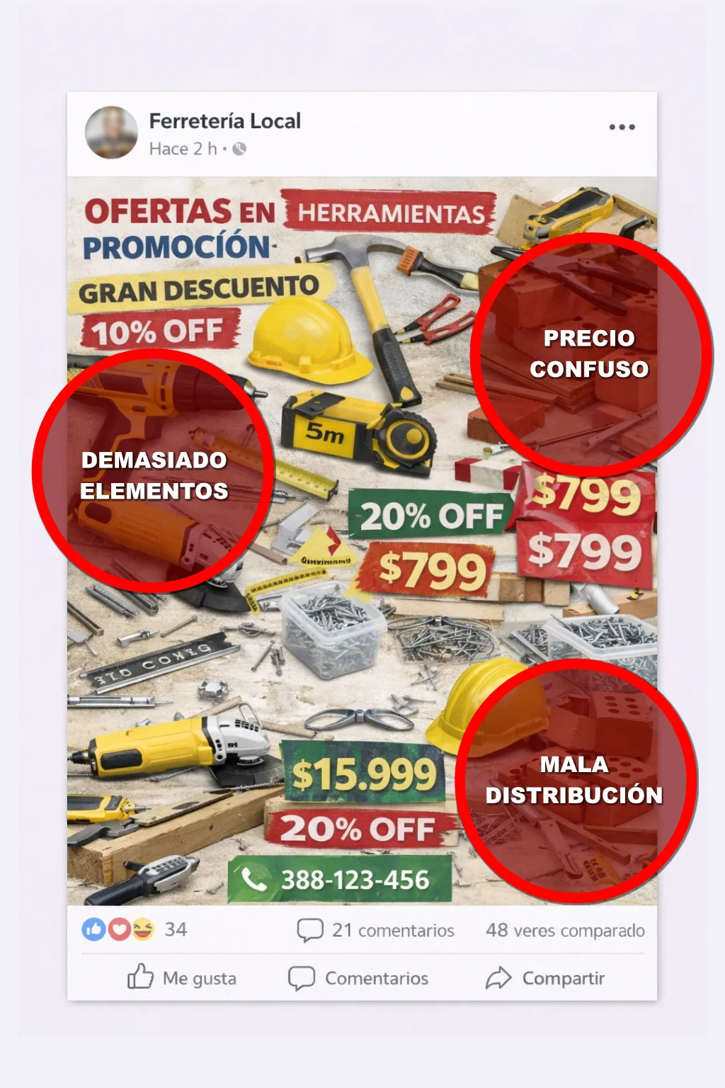 Ejemplo antes de una publicación para ferreteria local con demasiados elementos, distribución confusa y contacto poco claro.