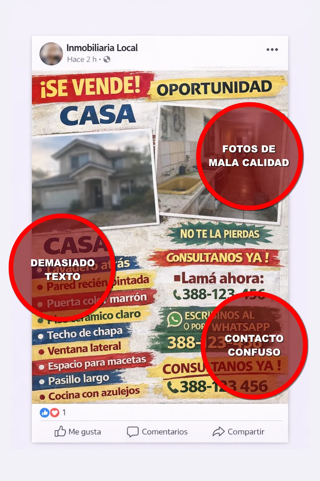 Ejemplo antes de una publicación para inmobiliaria local con demasiada información, precio mal jerarquizado y contacto poco visible.
