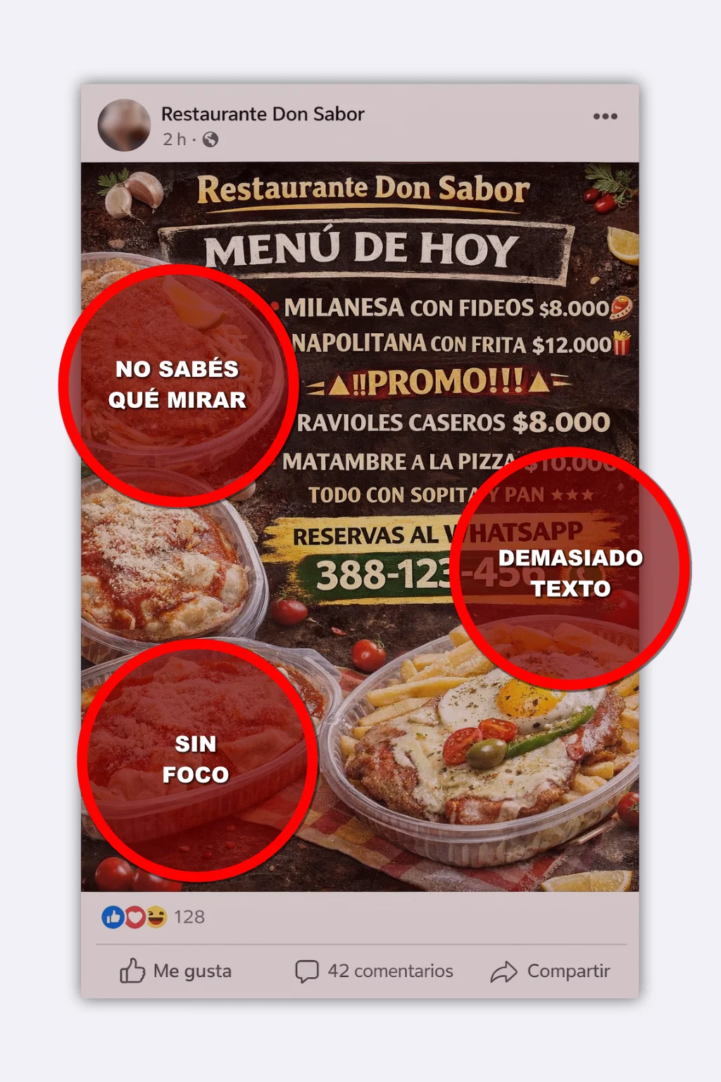 Ejemplo antes de una publicación para restaurante local con demasiado texto, mala jerarquía y contacto poco visible.